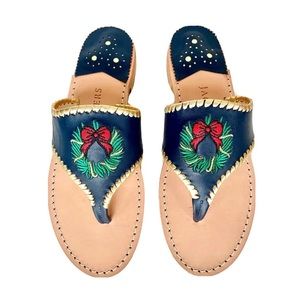rare jack rogers holiday embroidered wreath sandal 6.5 in navy christmas shoe
